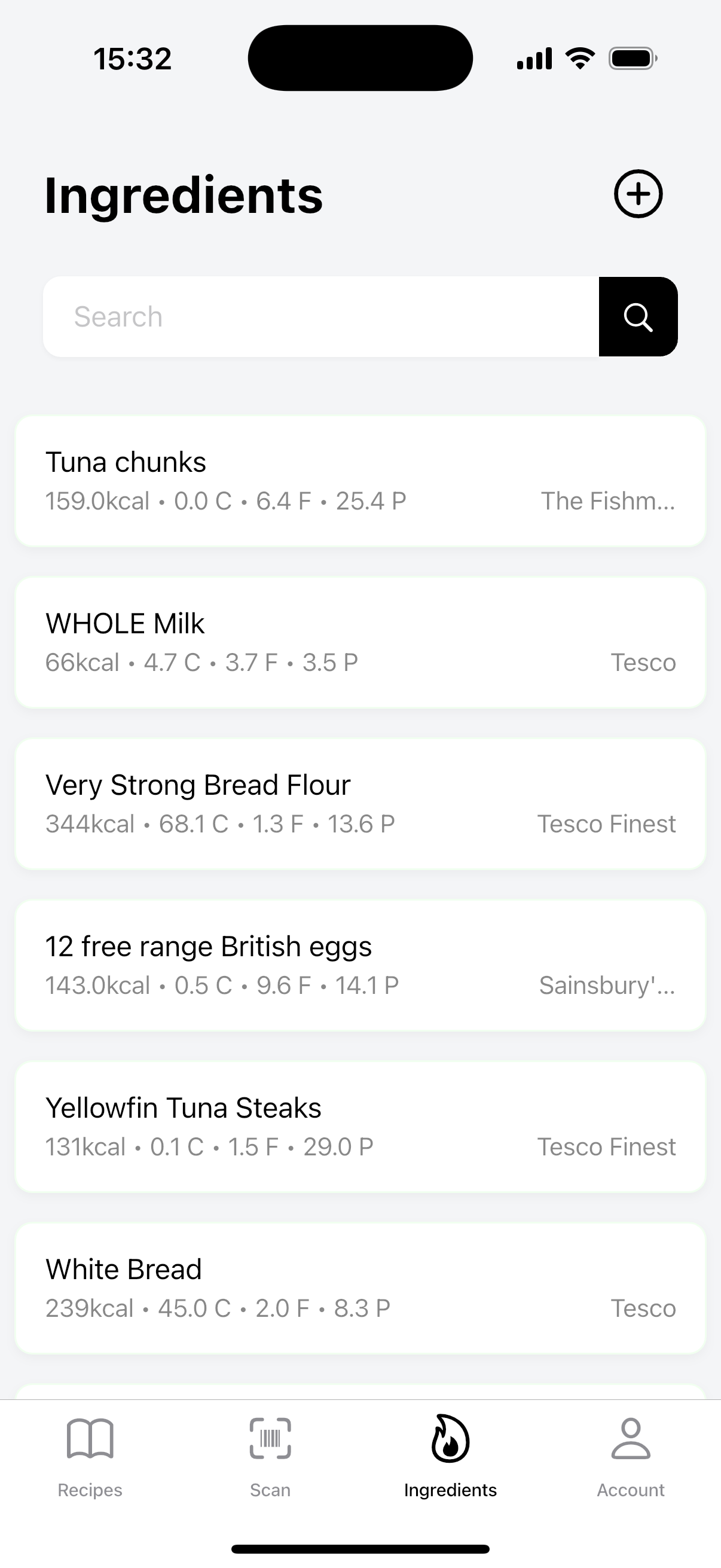 Ingredients Page Overview - Shows the list of saved ingredients with nutrition info