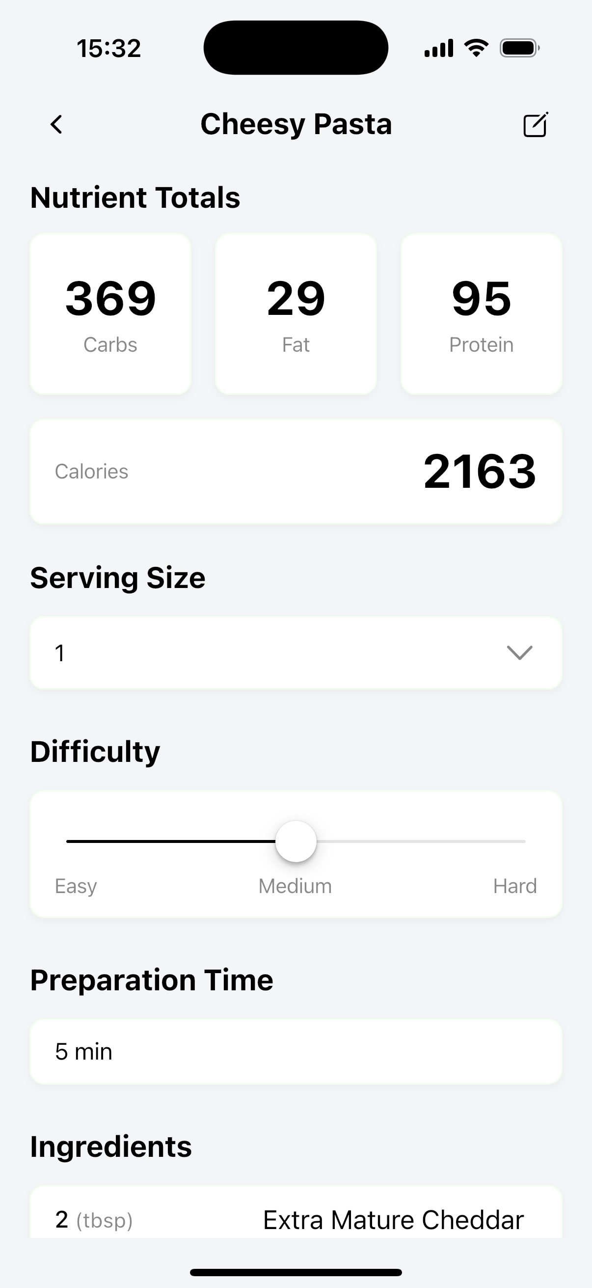 Recipe Info Page - Shows detailed recipe information including nutrition, servings, and ingredients