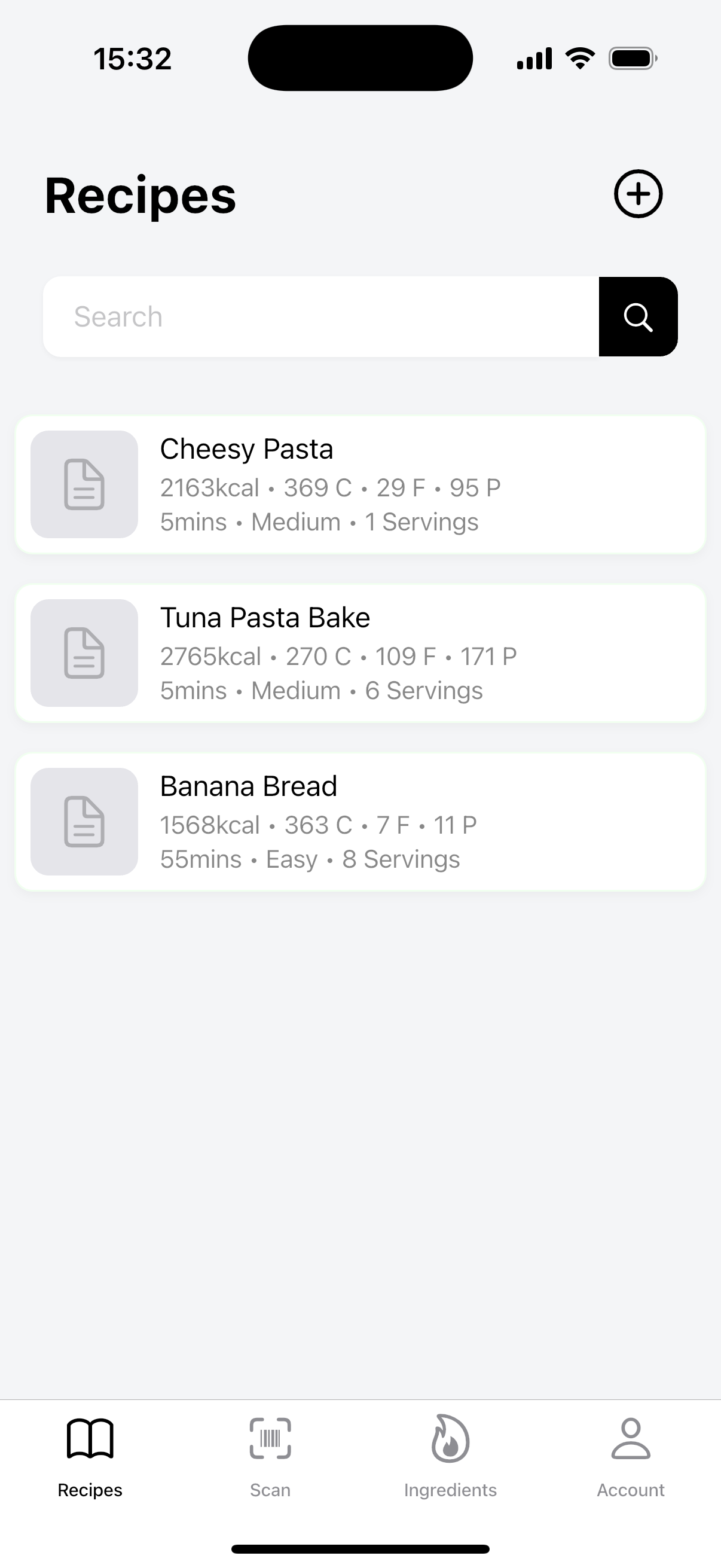 Recipes Page Overview - Shows the list of saved recipes with nutrition info