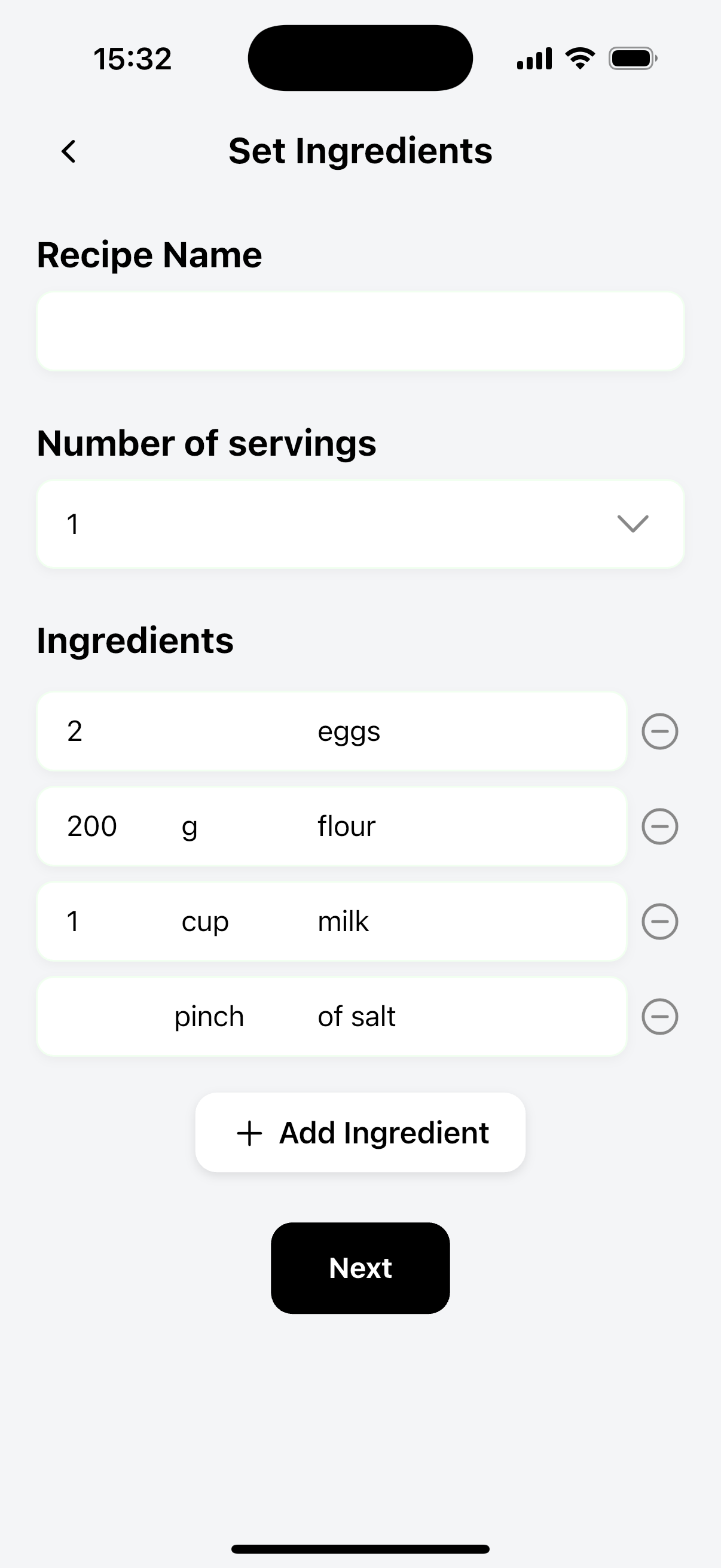 Set Ingredients Page - Shows the interface for manually entering recipe ingredients